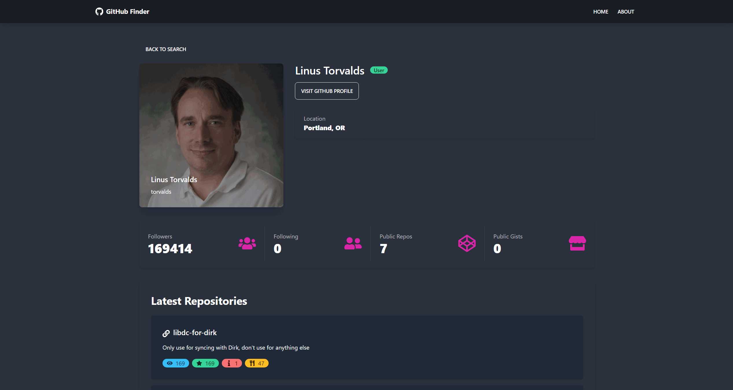 screenshot of the GitHub Finder project