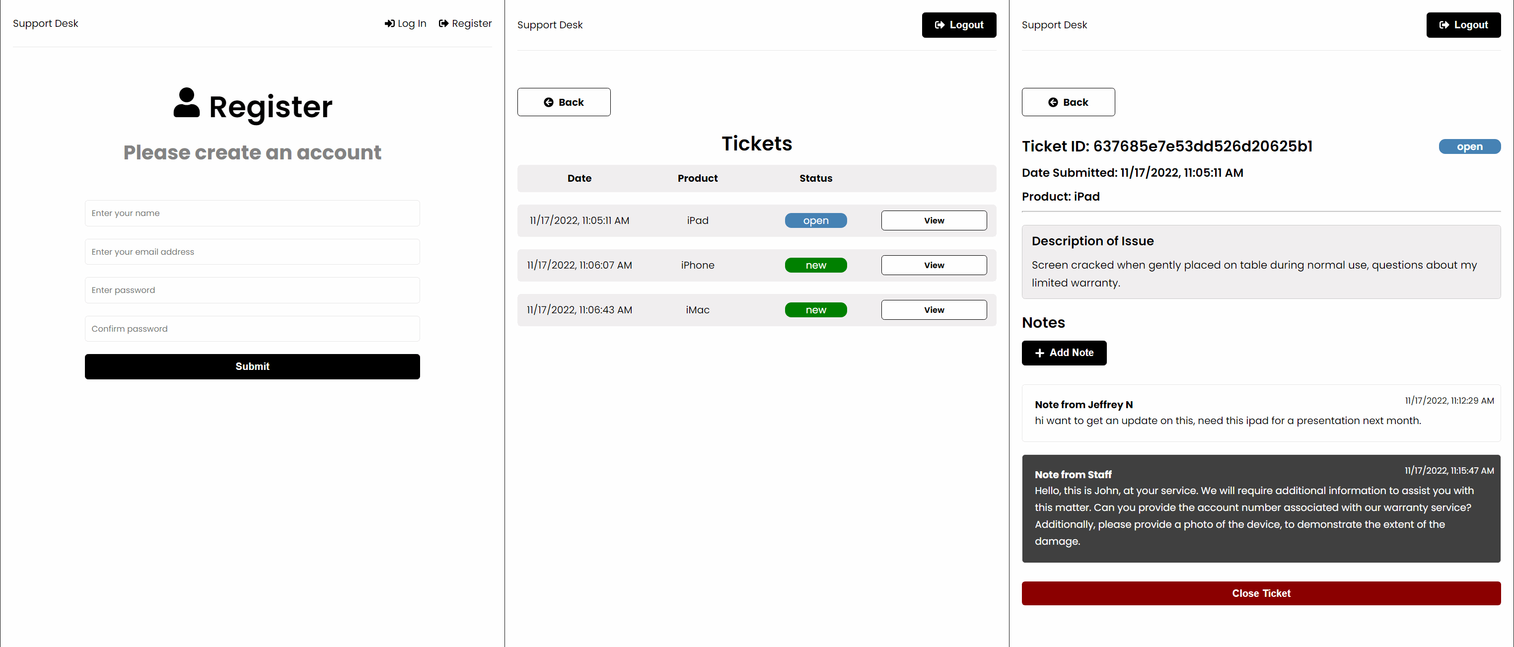 screenshot of the Support Desk project